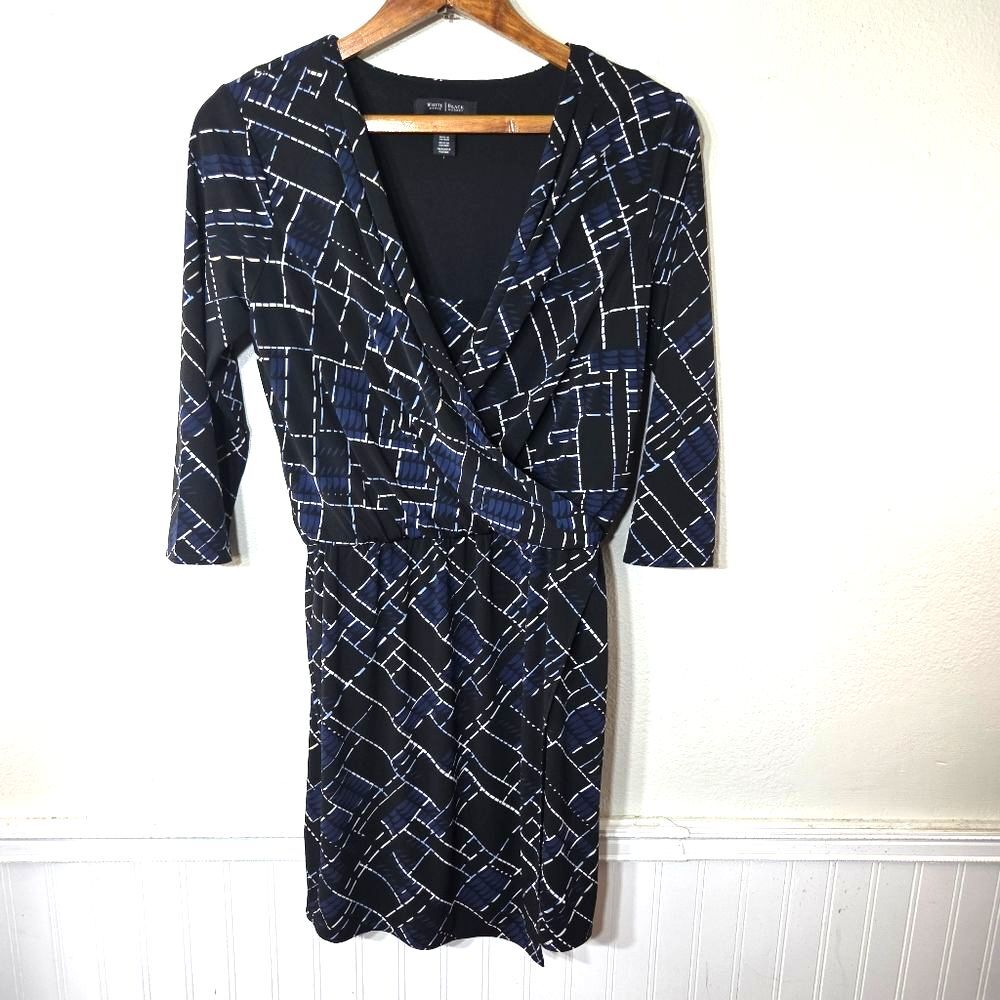 White House Black Market Career Navy Blue Geometric Knee Length Dress Size SM